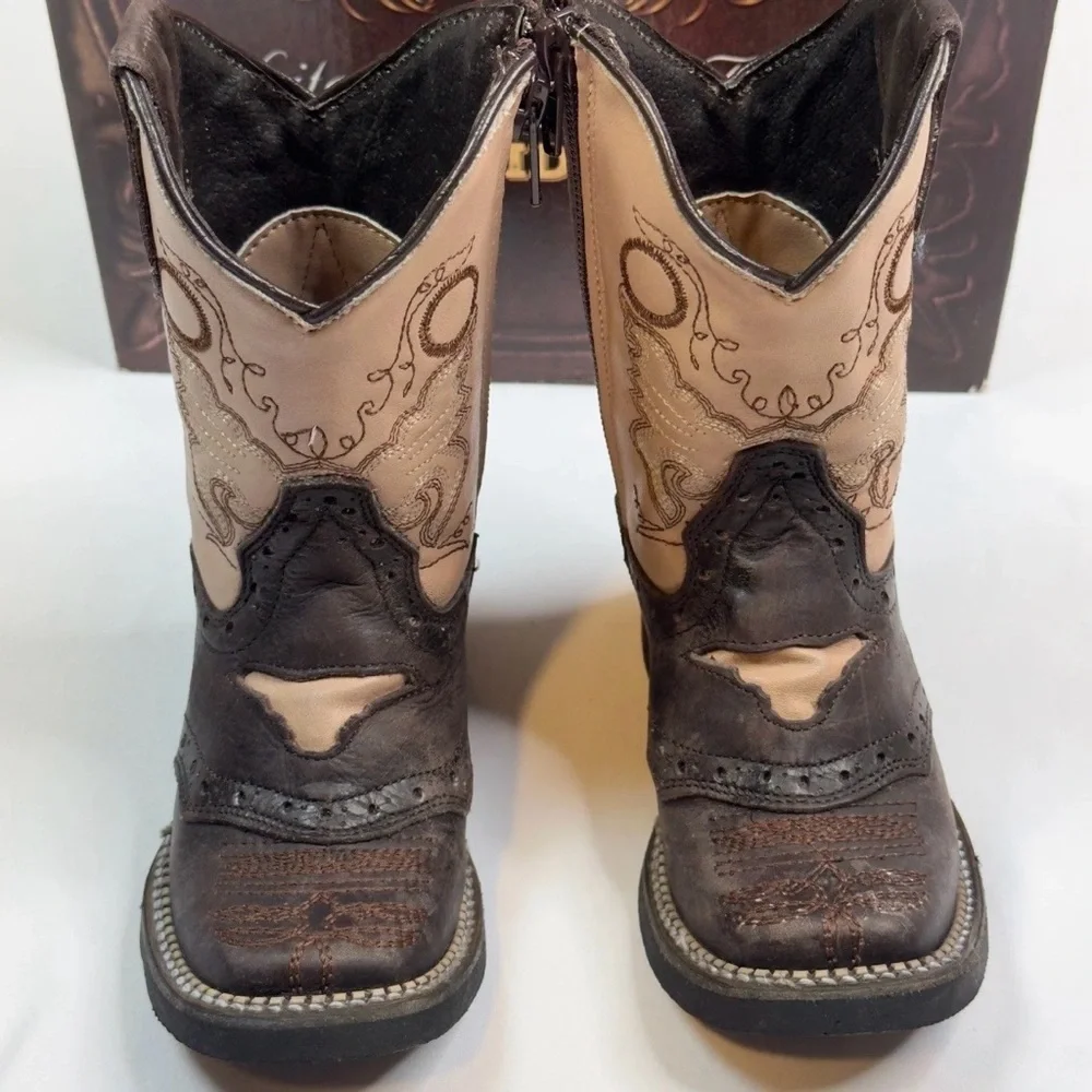 Kids White Diamonds Boots Square Toe Zipper Brown Beige Embroidered
